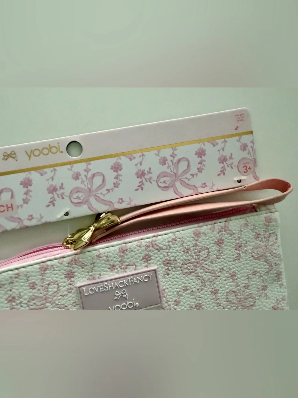 LoveShackFancy x Yoobi Coquette Bow Pink Flat Zip Accessory Pouch with Strap